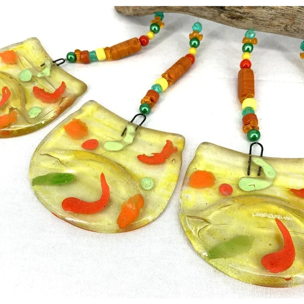 Fused Glass Wind Chime Driftwood Handcrafted Yellow Orange Yard Porch Decor 14